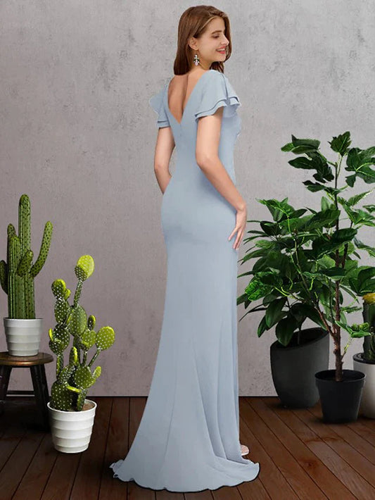 A-Line Bridesmaid Dress Jewel Neck Short Sleeve Elegant Sweep / Brush Train Chiffon with Ruffles - luolandi