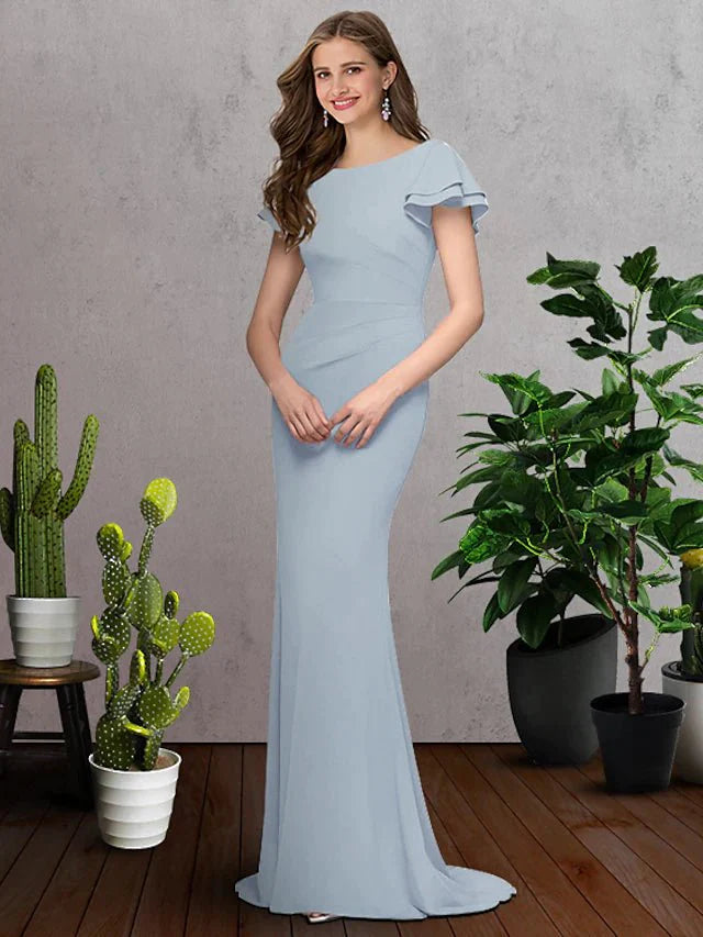 A-Line Bridesmaid Dress Jewel Neck Short Sleeve Elegant Sweep / Brush Train Chiffon with Ruffles - luolandi