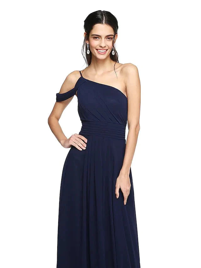 A-Line Bridesmaid Dress One Shoulder Sleeveless Elegant Floor Length Chiffon with Pleat - luolandi