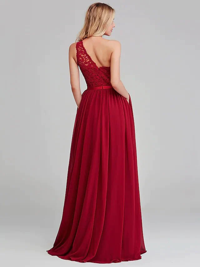 A-Line Bridesmaid Dress One Shoulder Sleeveless Elegant Long Length Chiffon / Lace with Sash / Ribbon - luolandi