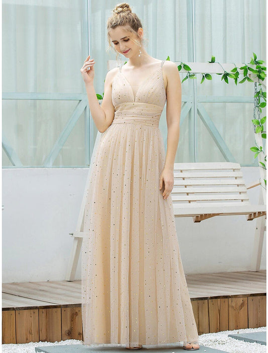 A-Line Bridesmaid Dress Plunging Neck Sleeveless Elegant Floor Length Tulle with Sequin - luolandi