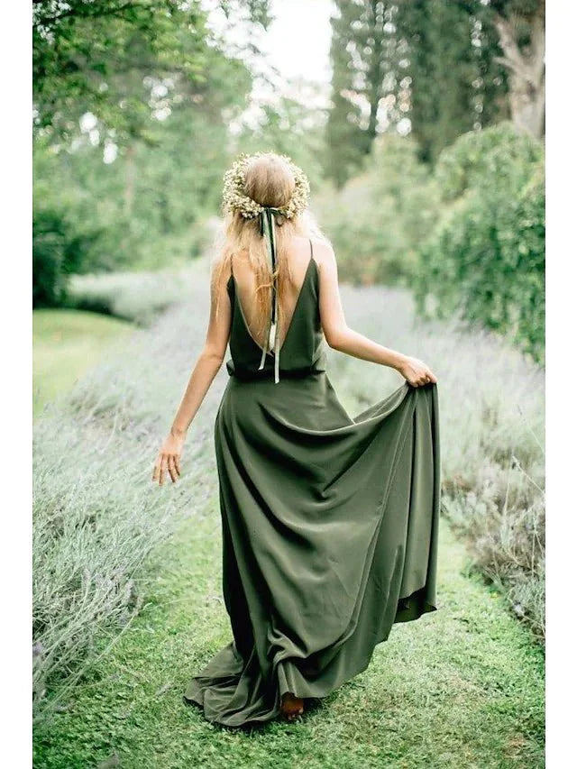 A-Line Bridesmaid Dress Plunging Neck Sleeveless Elegant Sweep / Brush Train Jersey with Criss Cross - luolandi