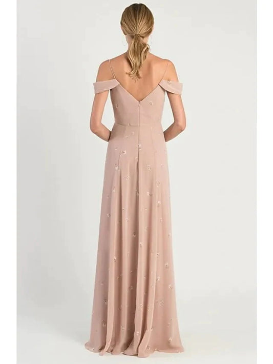 A-Line Bridesmaid Dress Spaghetti Strap Short Sleeve Open Back Sweep / Brush Train Chiffon with Pattern / Print / Split Front - luolandi