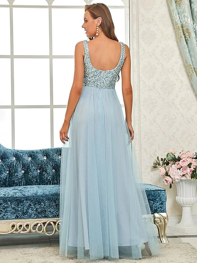 A-Line Bridesmaid Dress Spaghetti Strap Sleeveless Elegant Floor Length Tulle / Sequined with Sequin - luolandi