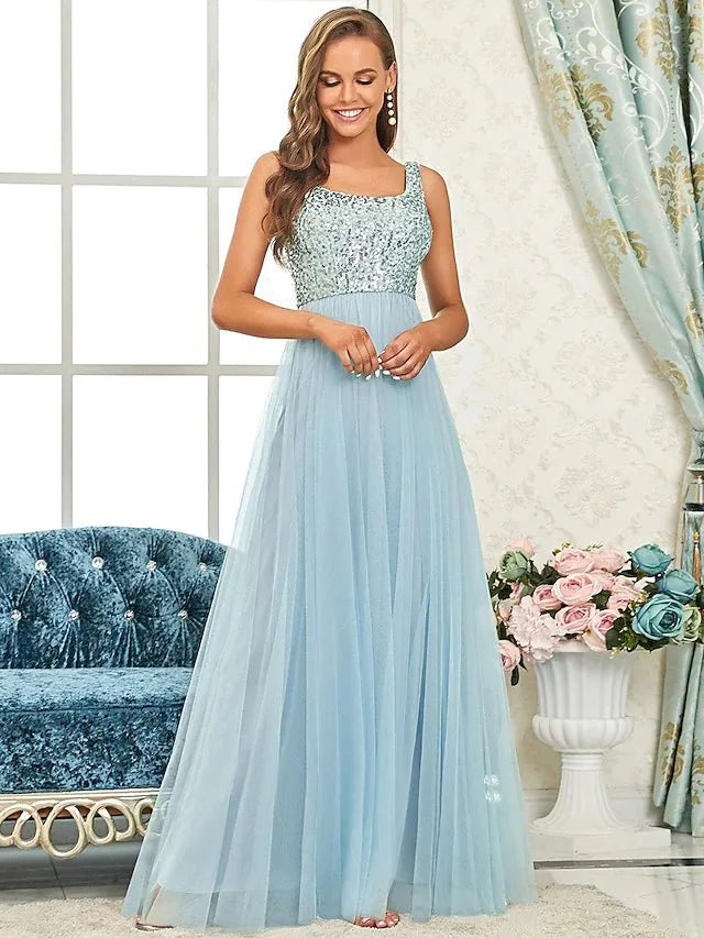 A-Line Bridesmaid Dress Spaghetti Strap Sleeveless Elegant Floor Length Tulle / Sequined with Sequin - luolandi