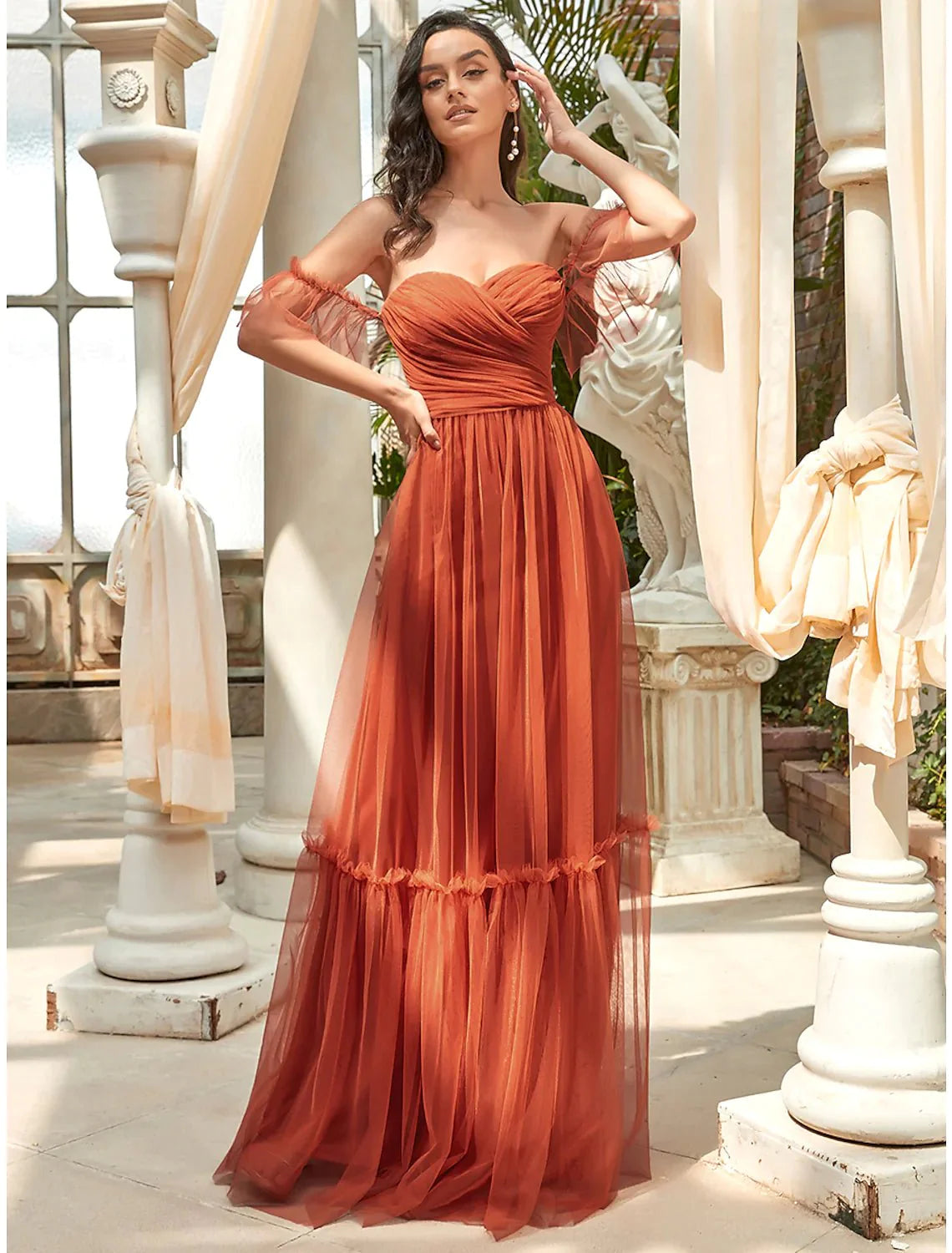 A-Line Bridesmaid Dress Strapless Short Sleeve Elegant Floor Length Tulle with Ruffles - luolandi