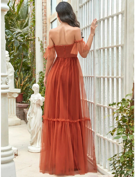 A-Line Bridesmaid Dress Strapless Short Sleeve Elegant Floor Length Tulle with Ruffles - luolandi