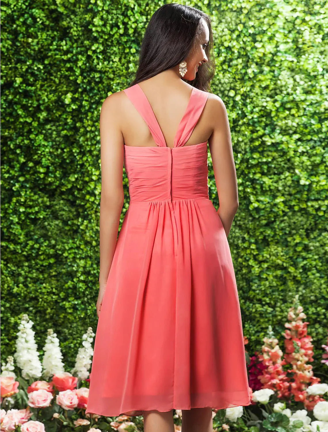 A-Line Bridesmaid Dress Straps Sleeveless Floral Knee Length Chiffon with Ruched / Ruffles / Side Draping - luolandi