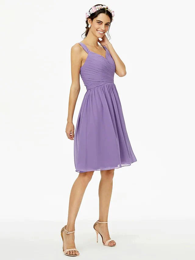A-Line Bridesmaid Dress Straps Sleeveless Open Back Knee Length Chiffon with Sash / Ribbon / Bow(s) / Criss Cross - luolandi