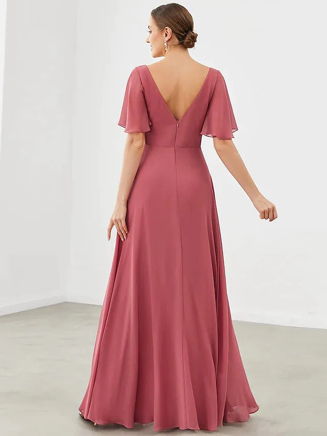A-Line Bridesmaid Dress V Neck Short Sleeve Plus Size Floor Length Chiffon with Pleats / Draping / Solid Color - luolandi