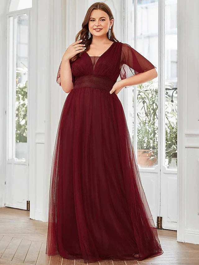 A-Line Bridesmaid Dress V Neck Short Sleeve Plus Size Floor Length Tulle with Ruffles / Draping / Tier - luolandi