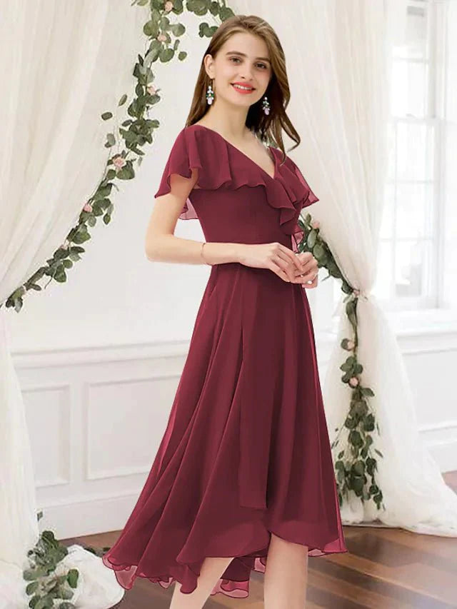 A-Line Bridesmaid Dress V Neck Sleeveless Beautiful Back Knee Length Chiffon with Ruching - luolandi