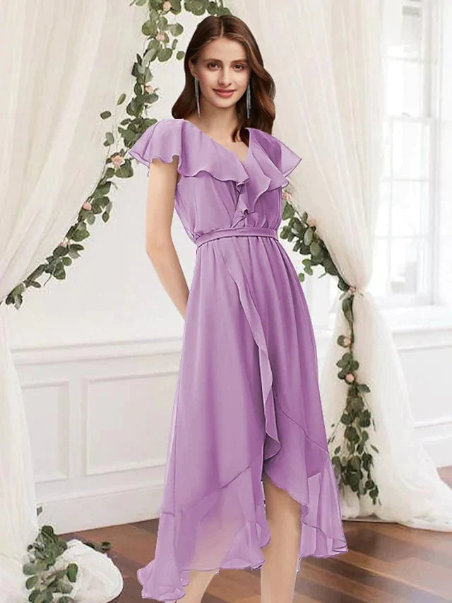A-Line Bridesmaid Dress V Neck Sleeveless Elegant Asymmetrical Chiffon with Pleats / Ruffles - luolandi