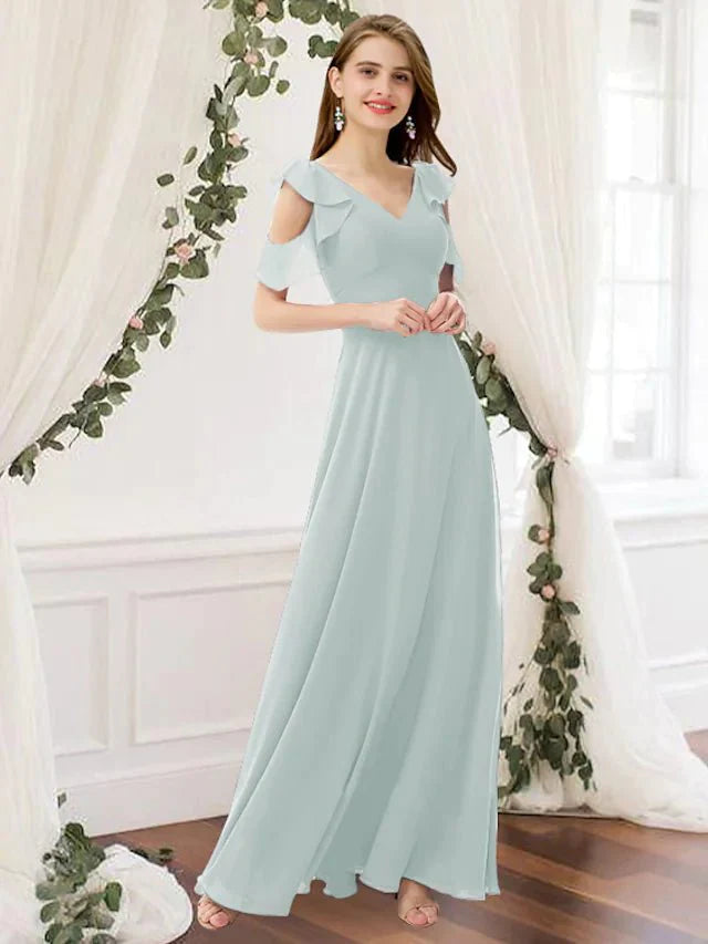 A-Line Bridesmaid Dress V Neck Sleeveless Elegant Floor Length Chiffon with Pleats / Ruffles - luolandi