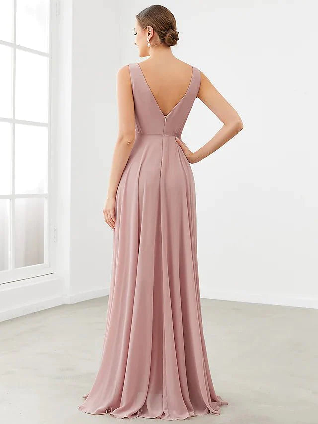 A-Line Bridesmaid Dress V Neck Sleeveless Elegant Floor Length Chiffon with Pleats / Ruffles / Tier - luolandi