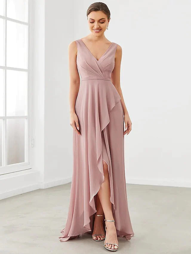 A-Line Bridesmaid Dress V Neck Sleeveless Elegant Floor Length Chiffon with Pleats / Ruffles / Tier - luolandi