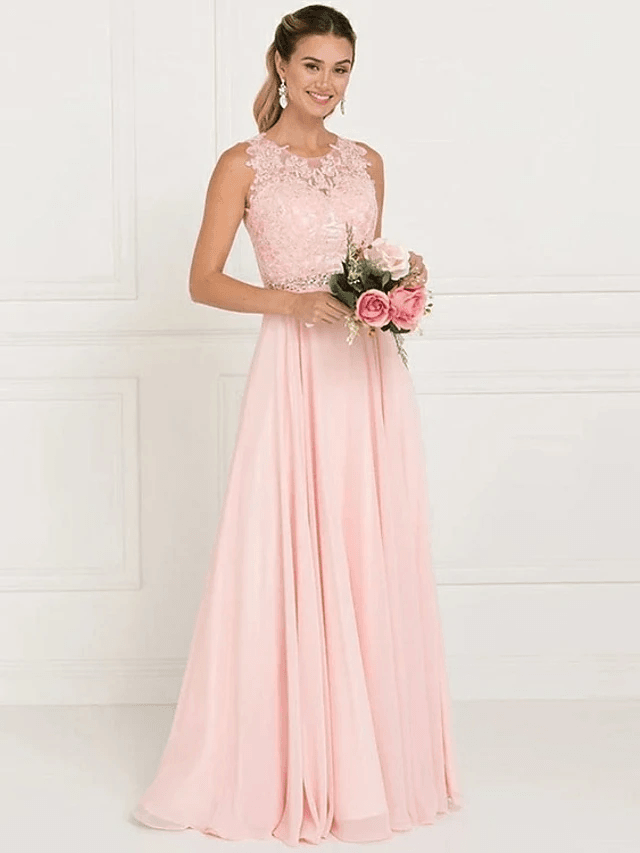 A-Line Jewel Neck Sweep / Brush Train Tulle Bridesmaid Dress - luolandi