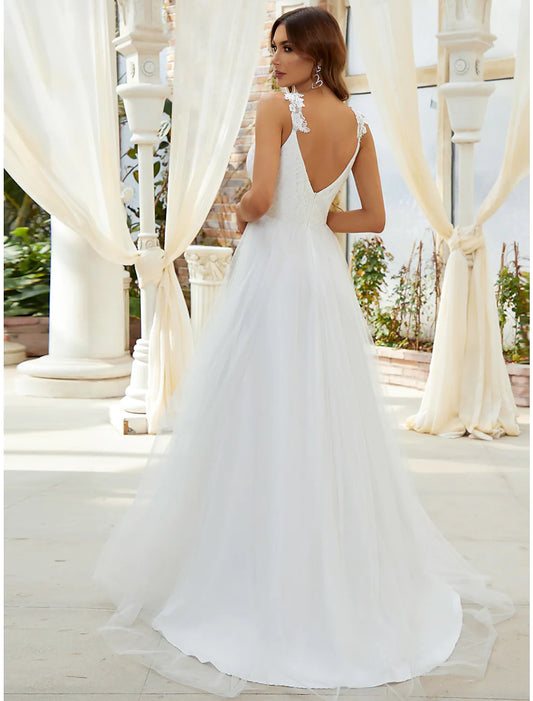 Beach Open Back Casual Wedding Dresses Floor Length A-Line Sleeveless V Neck Tulle Crystals Appliques