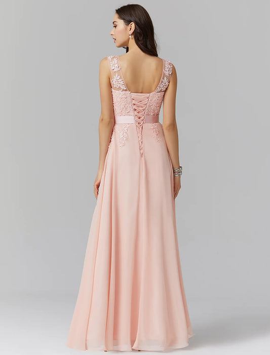 A-Line Evening Gown Wedding Floor Length Sleeveless Georgette with Appliques