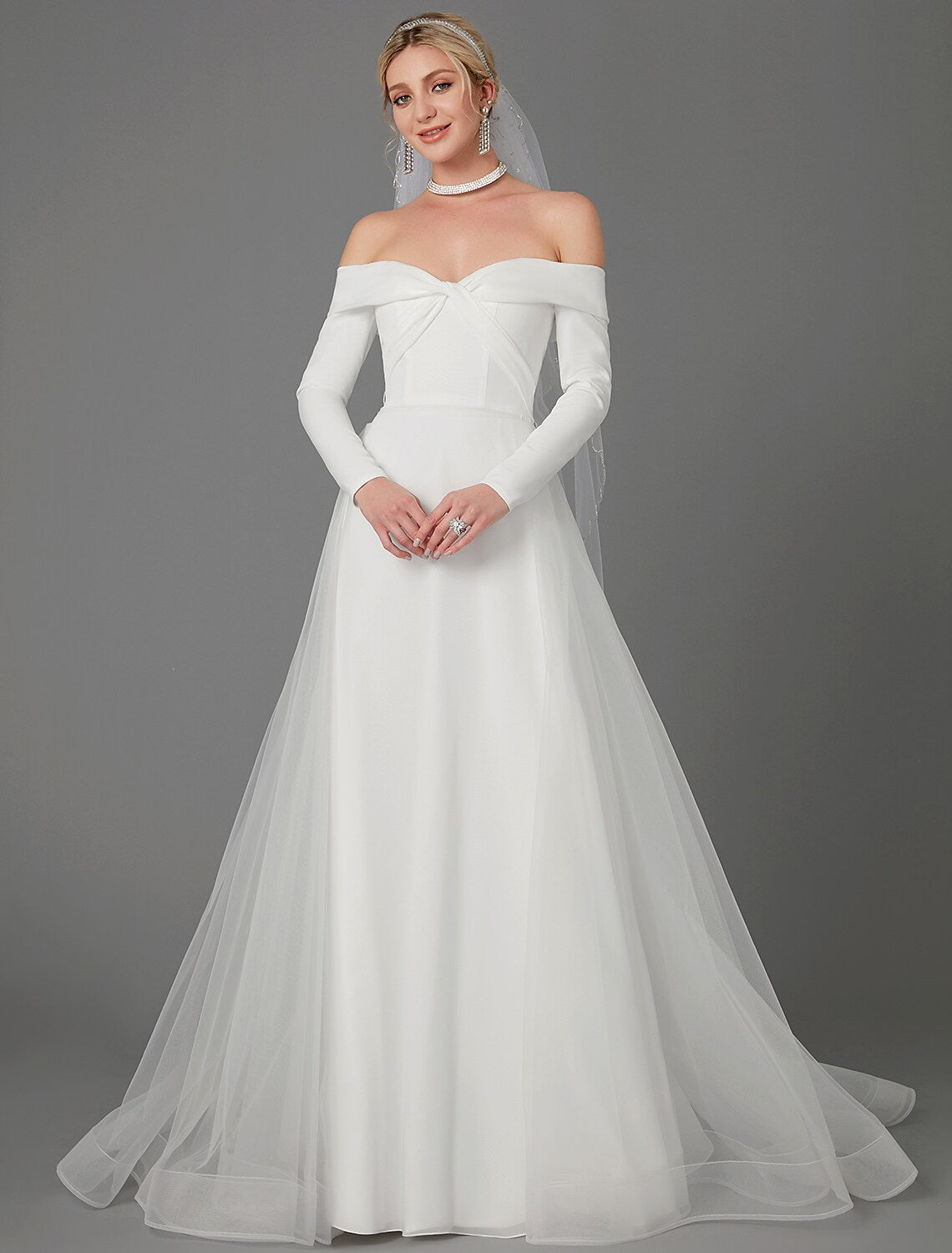 Engagement Formal Wedding Dresses A-Line Long Sleeve Off Shoulder Chiffon With