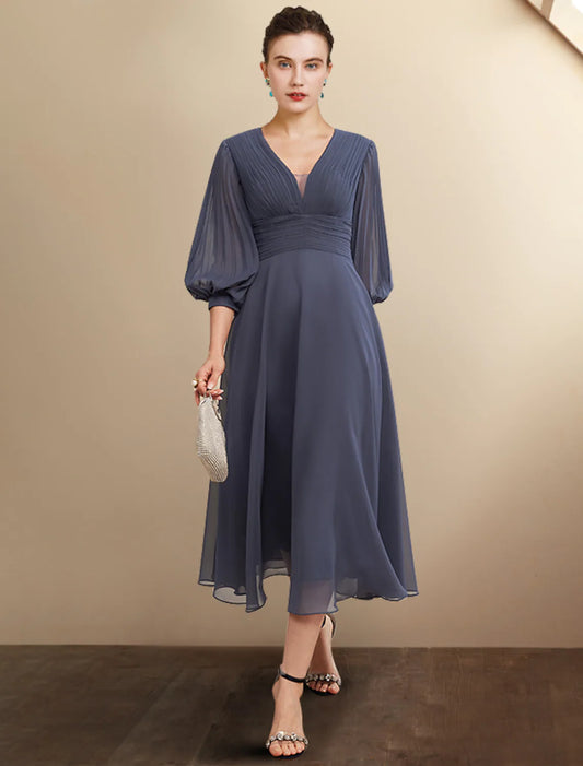 A-Line Mother of the Bride Dress Plus Size Elegant V Neck Chiffon Length Sleeve with Pleats