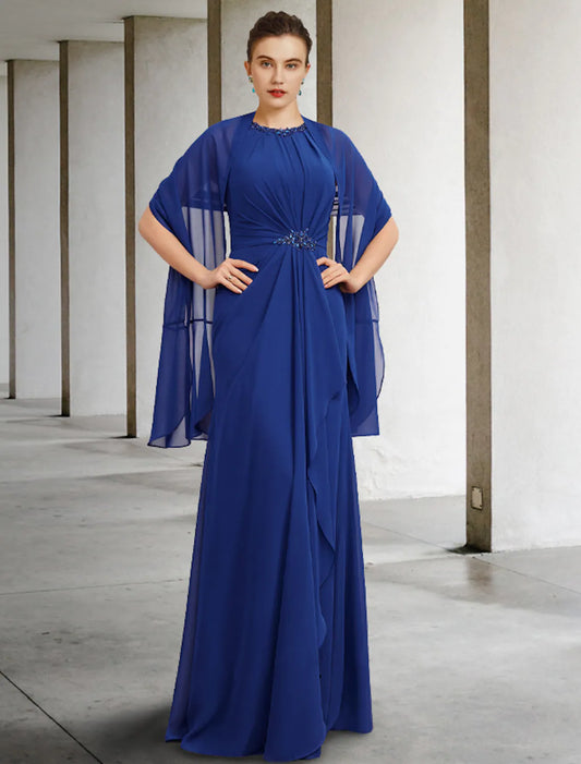 Two Piece A-Line Mother of the Bride Dress Plus Size Elegant Floor Length Chiffon Sleeveless Shawls Pleats Beading