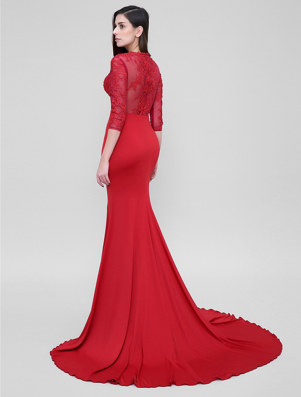 Dress Formal Evening Court Length Sleeve Neck Tulle Appliques