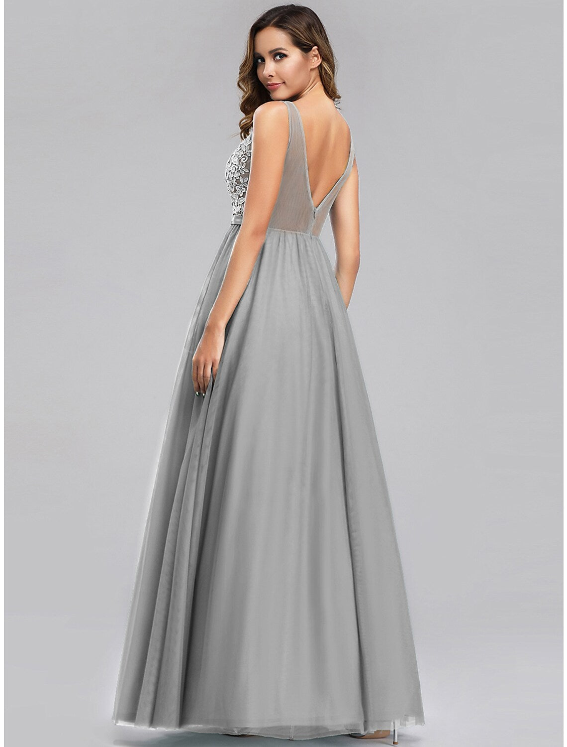 A-Line Holiday Prom Dress V Neck V Back Sleeveless Floor Length Chiffon Appliques