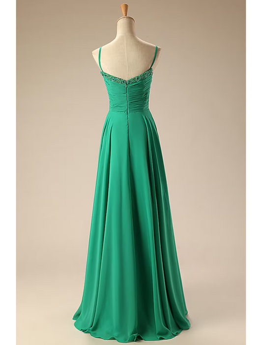 A-Line Prom Dresses Dress Formal Floor Length Sleeveless Sweetheart Chiffon Backless with Pleats Ruched Beading