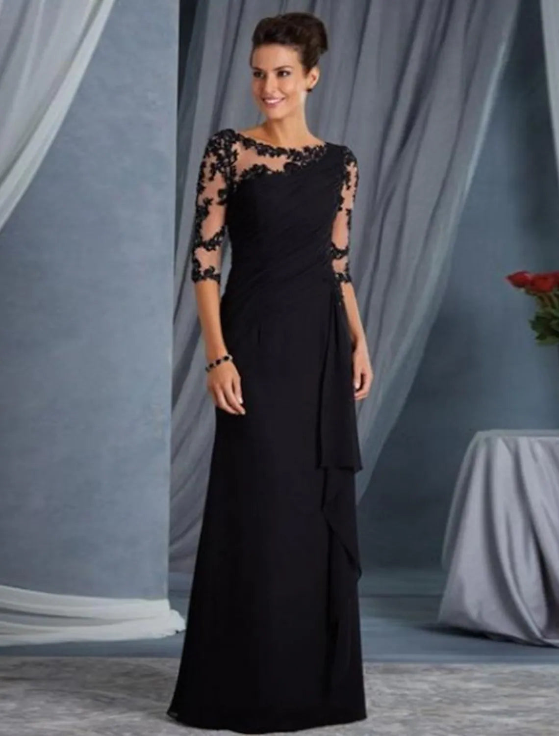 Evening Gown Elegant Dress Wedding Guest Floor Length Half Sleeve Lace Appliques