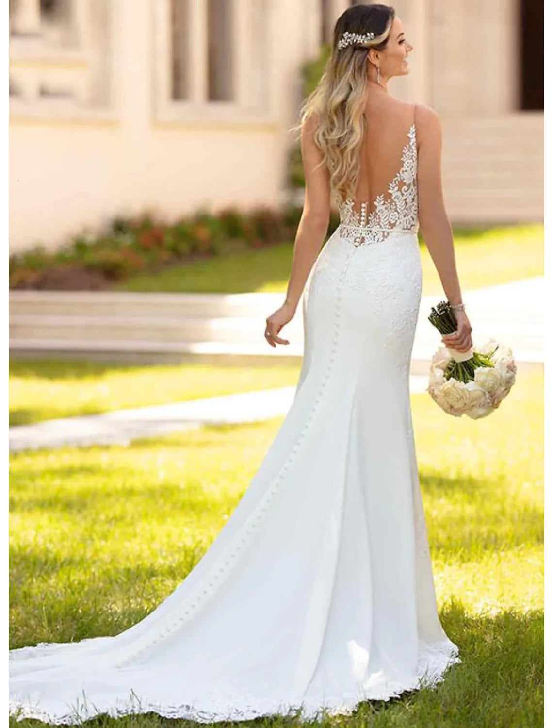 Engagement Open Back Sexy Wedding Dresses V Neck Lace Appliques