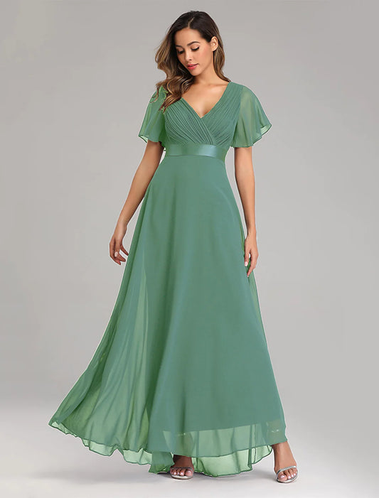 A-Line Prom Dresses Dress Graduation Floor Length Short Sleeve V Neck Chiffon V Back with Ruched Ruffles