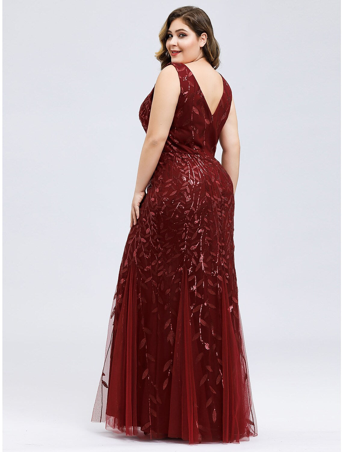 Evening Gown Plus Size Dress Wedding Guest Floor Length Sleeveless V Neck Lace V Back Appliques