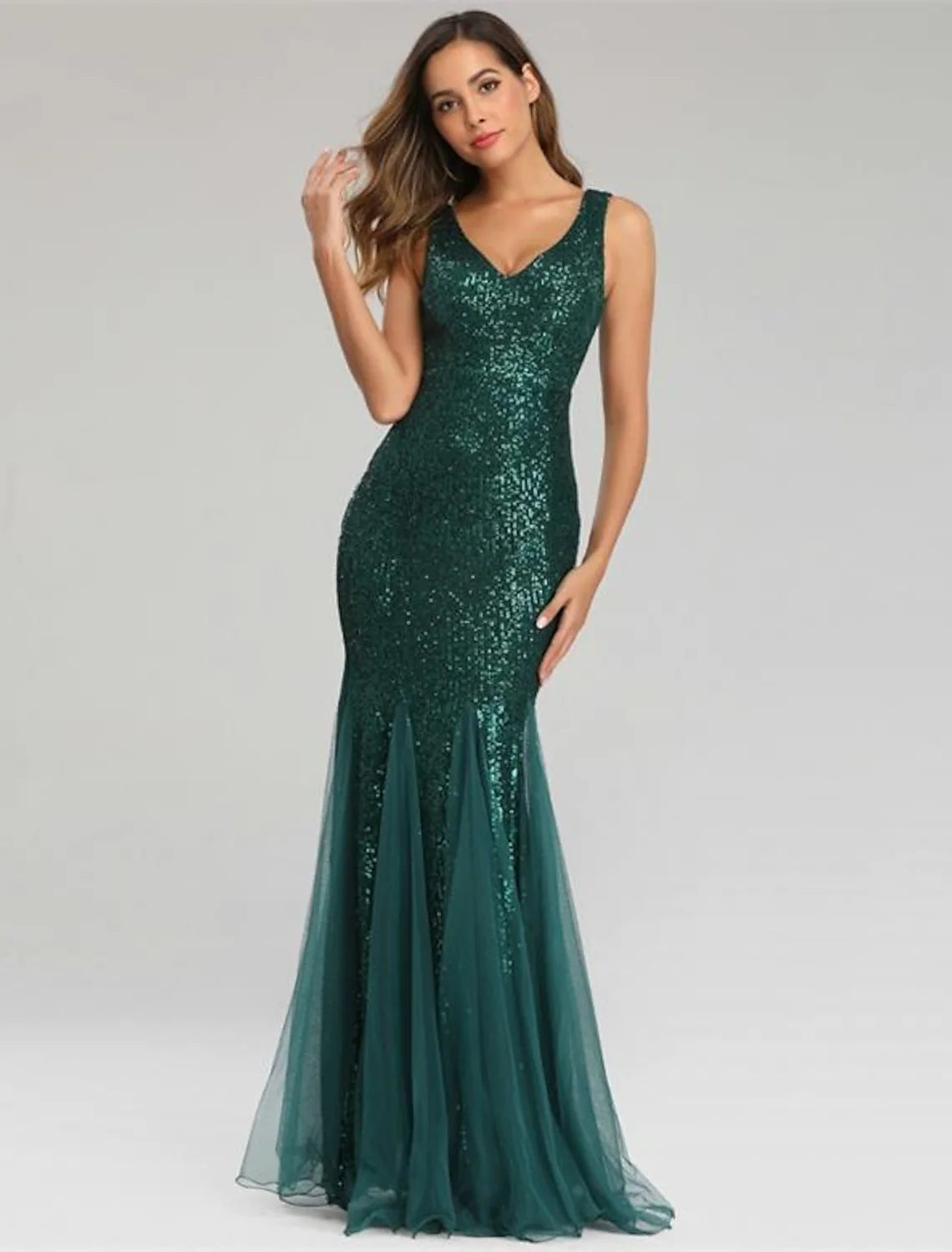 Sparkle Sexy Party Wear Formal Evening Dress V Neck Sleeveless Floor Length Sequined with