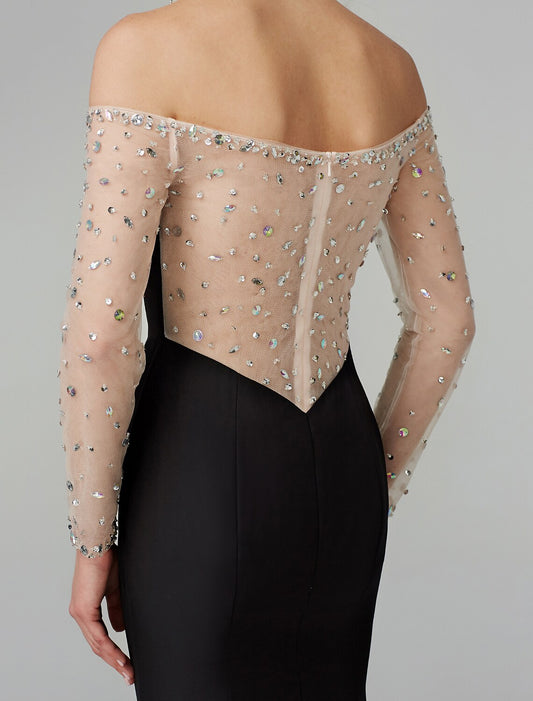 Dress Floor Length Long Sleeve Off Shoulder Chiffon Beading