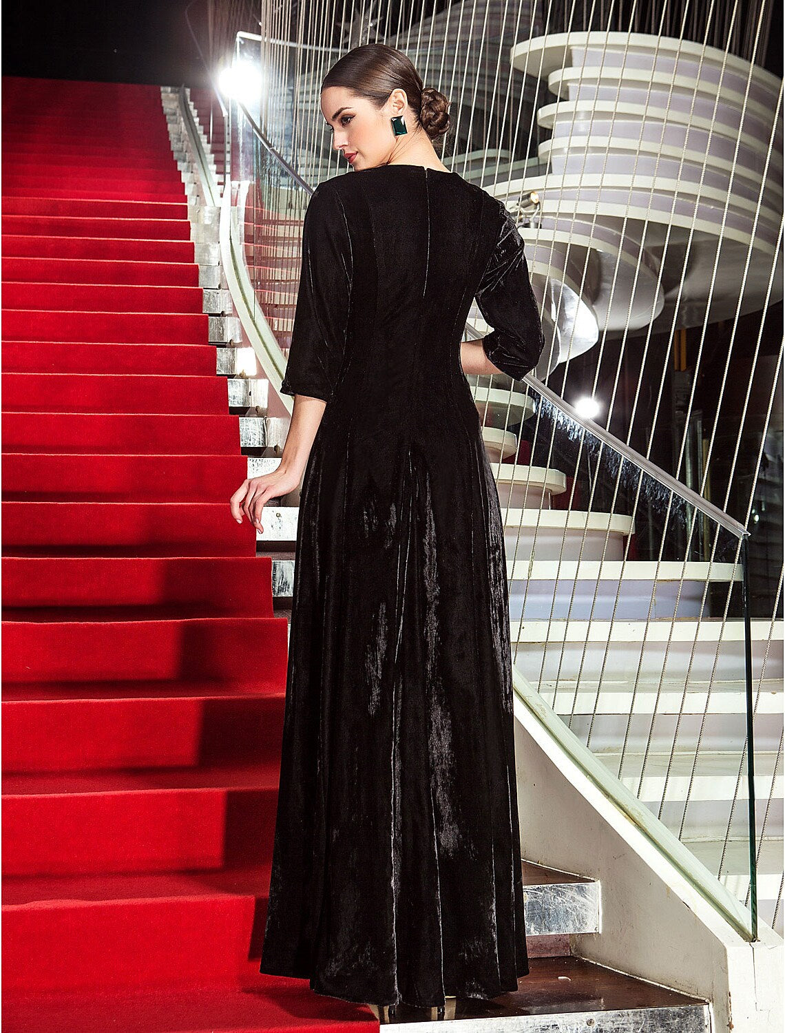 A-Line Celebrity Style Dress Wedding Guest Floor Length Length Sleeve Velvet with Pleats