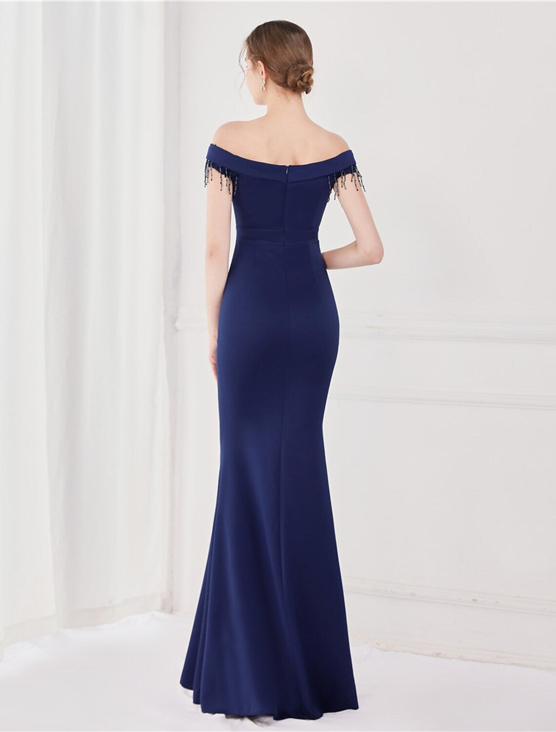 Elegant Sexy Wedding Formal Evening Dress Off Shoulder V Back Short Sleeve Floor Length Satin with Tassel