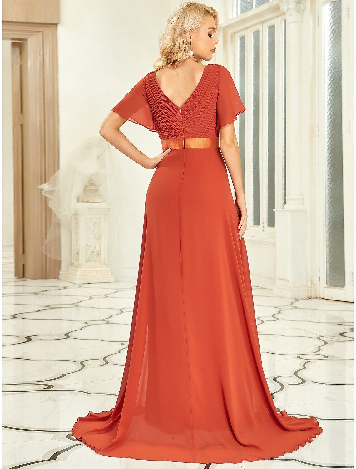 A-Line Plus Size Prom Formal Evening Dress V Neck V Back Short Sleeve Floor Length Chiffon with Pleats Ruched