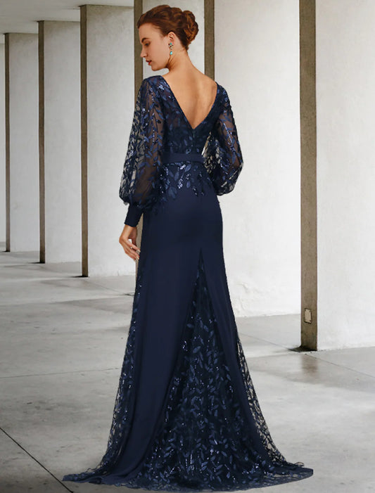 Mother of the Bride Dress Vintage Elegant Chiffon Lace Long Sleeve with Sequin Ruffles