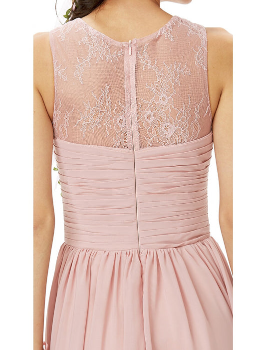 A-Line Bridesmaid Dress Sleeveless Floor Length Chiffon Lace Pleats