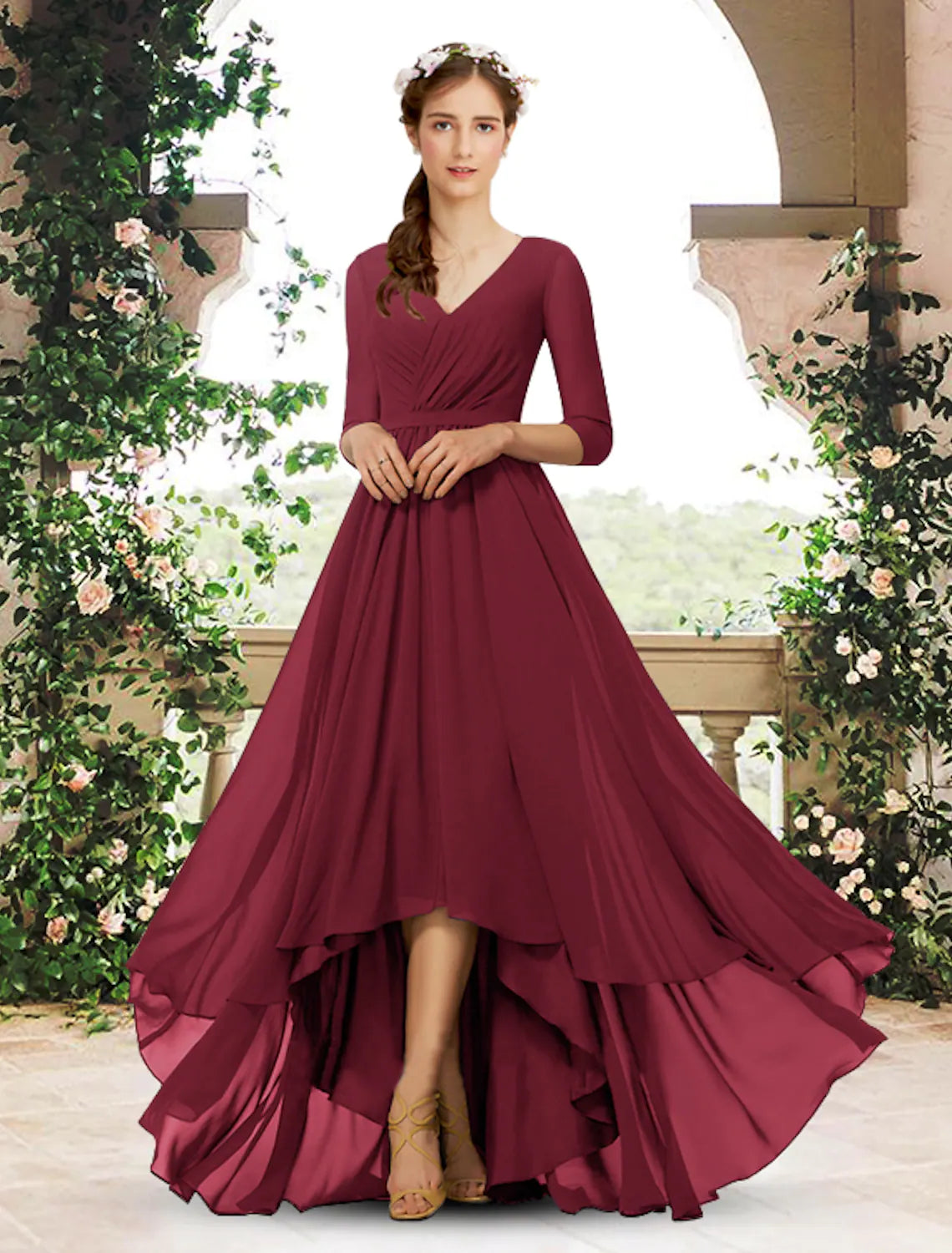 A-Line Bridesmaid Dress V Neck 3/4 Length Sleeve Elegant Sweep / Brush Train / Asymmetrical Chiffon with Pleats