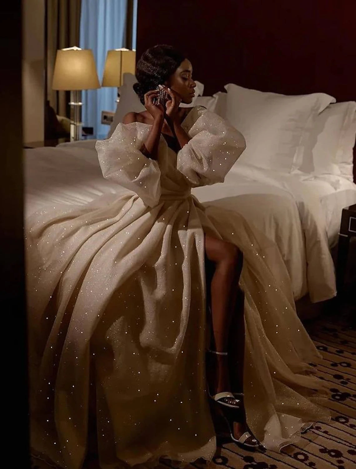 Beach Sparkle Shine Wedding Dresses A-Line Short Sleeve Off Shoulder Tulle With Split