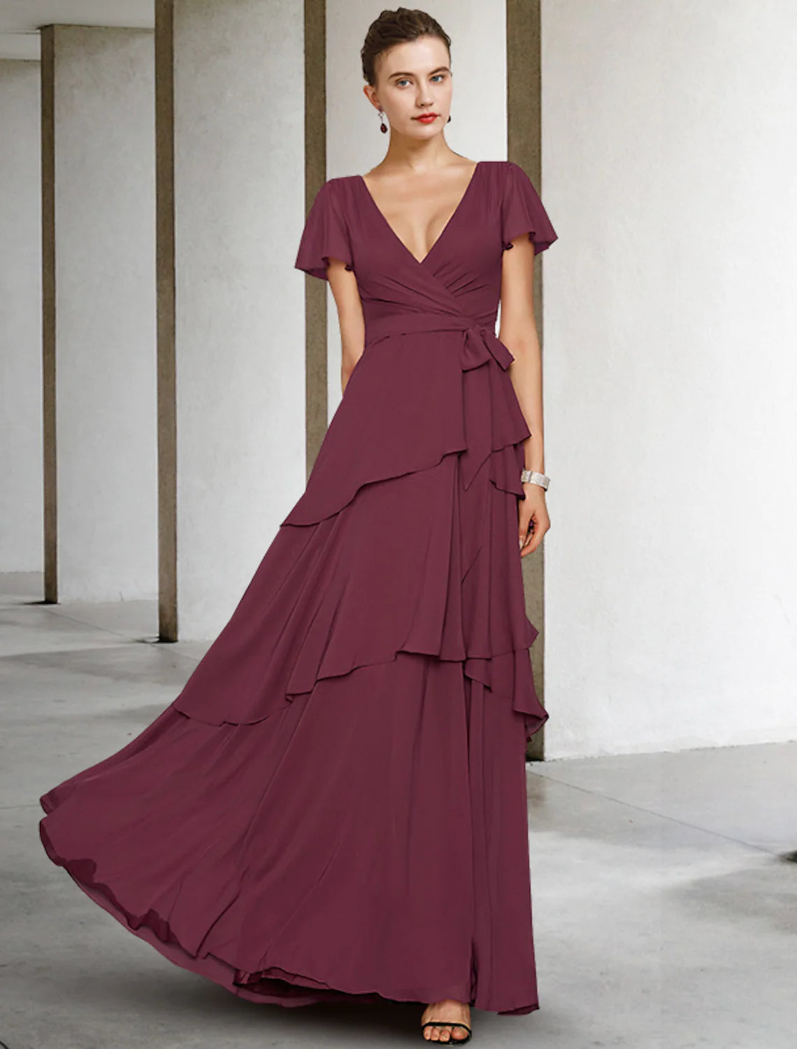 A-Line Mother of the Bride Dress Vintage Elegant V Neck Floor Length Chiffon Short Sleeve Sash Ribbon Cascading Ruffles