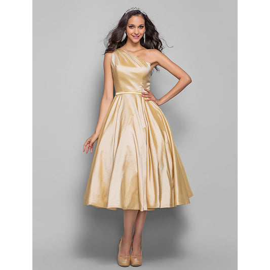 Elegant Cocktail Party Wedding Party Dress One Shoulder Sleeveless Taffeta Sash Ribbon