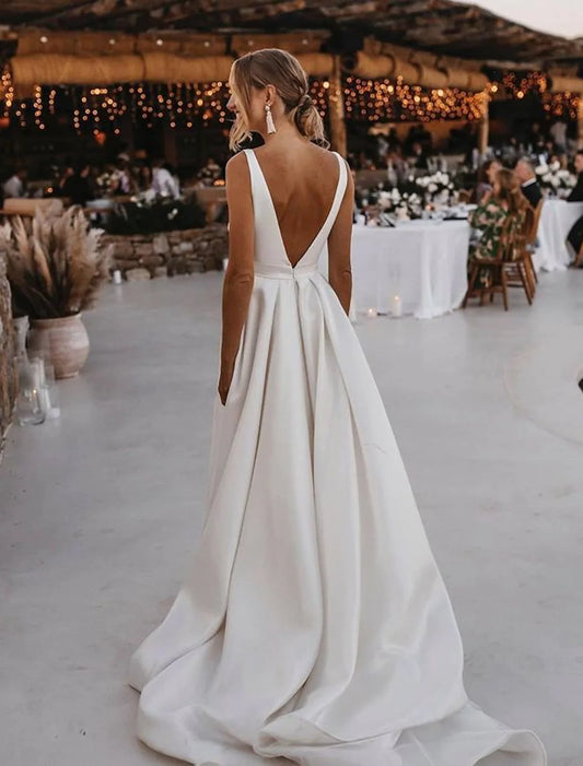 Beach Open Back Casual Wedding Dresses A-Line Sleeveless V Neck With Sashes Sash Ribbon