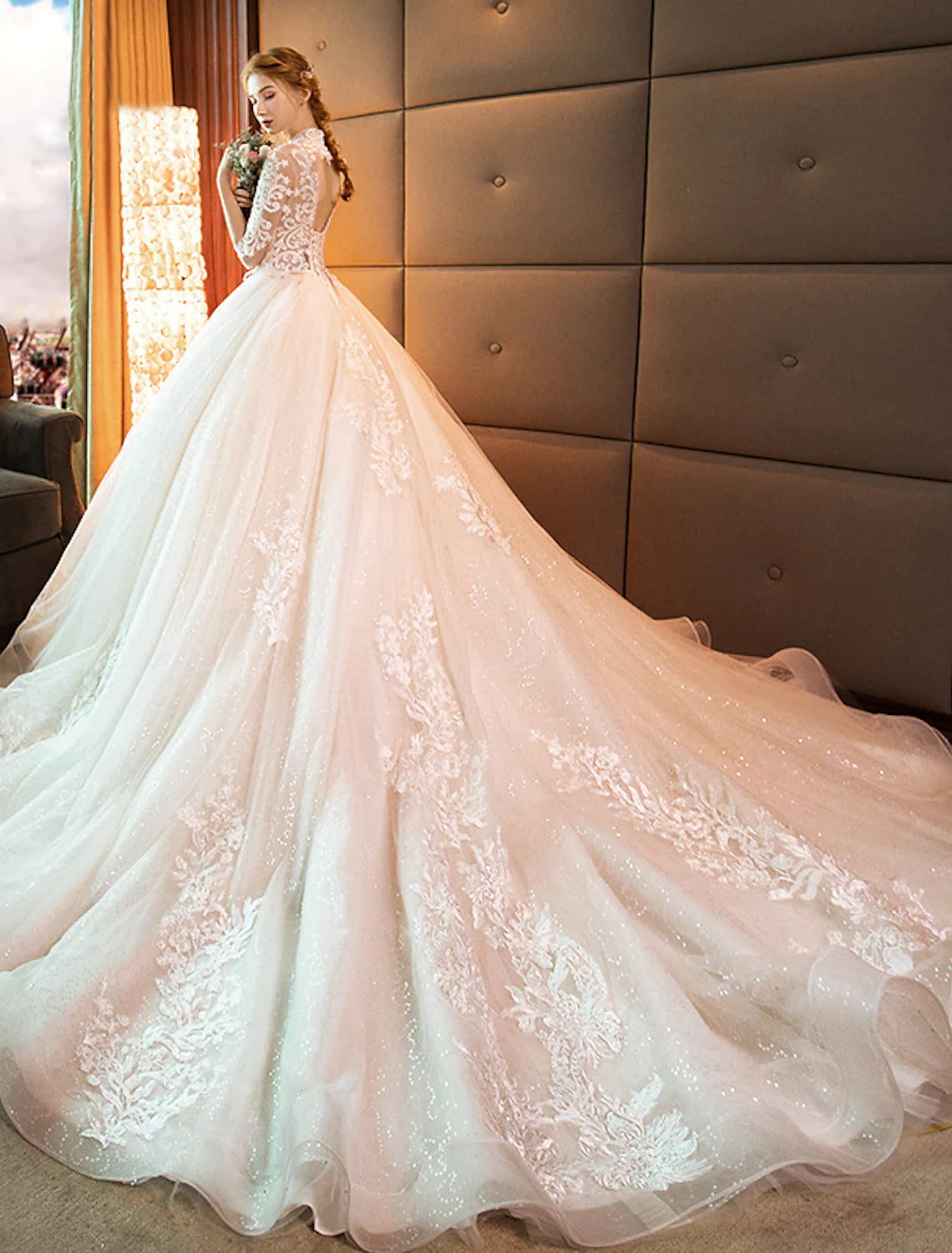 Engagement Open Back Formal Wedding Dresses Princess Long Sleeve High Neck Lace With Sequin Appliques