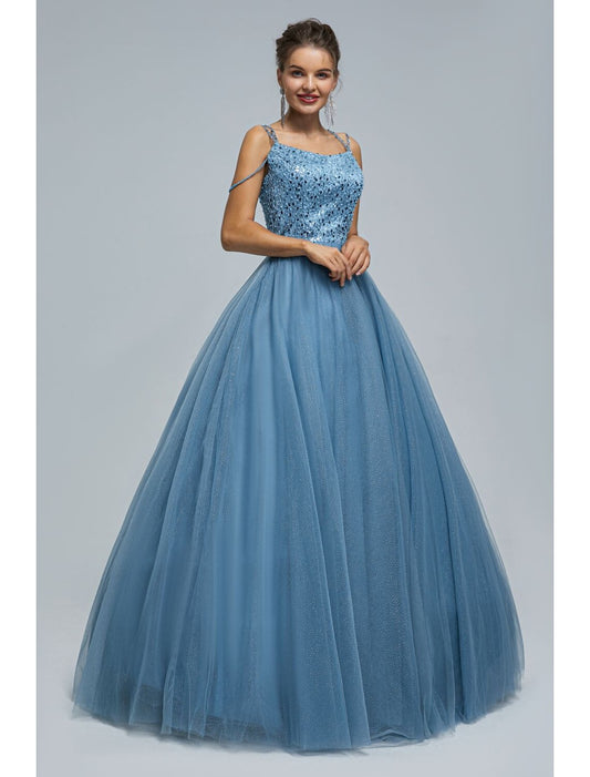 Sparkle Shine Dress Graduation Floor Length Sleeveless Strap Tulle with Pearls Sequin