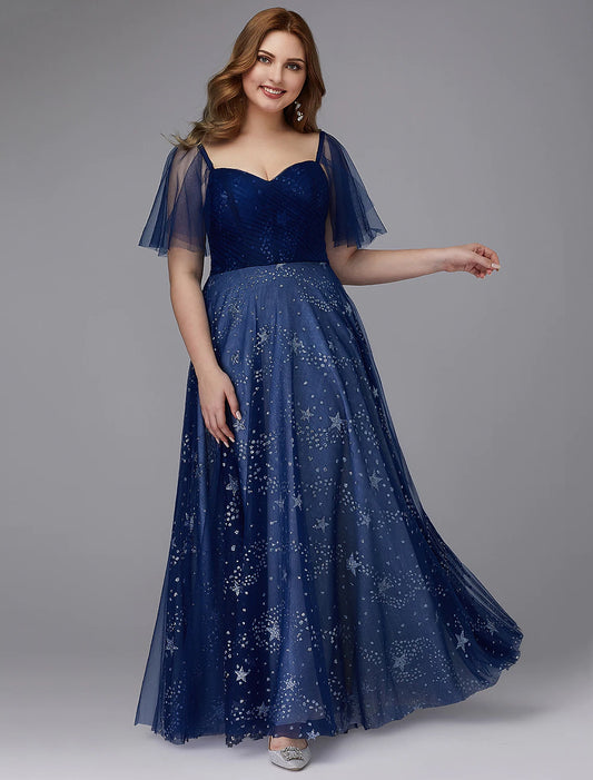 A-Line Plus Size Dress Prom Floor Length Short Sleeve TulleLace-up with Beading Pattern Print