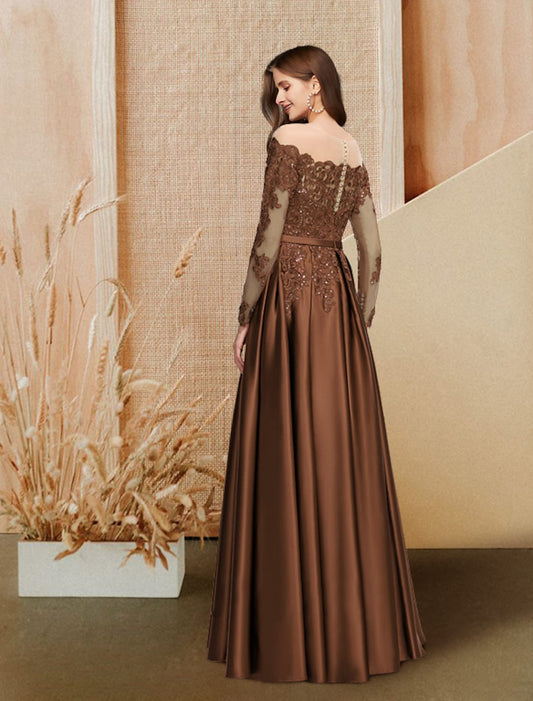 A-Line Evening Gown Glittering Dress Engagement Floor Length Long Sleeve Off Shoulder Satin Sequin Lace