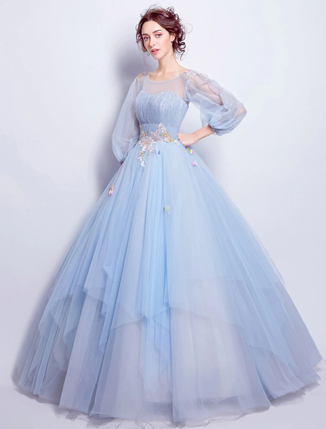 Elegant Floral Puffy Engagement Dress Neck Length SleeveFloor Length Tulle with Pleats Appliques